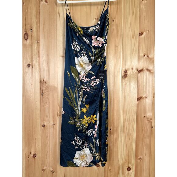 NWT Lulus Remarkable Entrance Navy Blue Floral Print Satin Midi Dress Wedding M - Picture 2 of 7